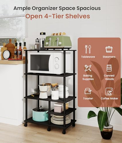 4-Tier Microwave Cart with Storage, Rolling Kitchen Cart with Wood Top, Coffee Table Standing Baker's Racks for Kitchens, Living Room, Balcony, Black - color: Black