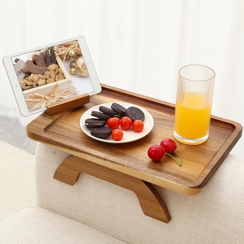 SINWANT Couch Arm Tray, Acacia Wood Sofa Arm Rest Table Clip on Wide Armrest,Folding Anti Slip Couch Armrest Table with 360° Rotating Phone Holder for Snacks,Drinks,Remotes - color: Acacia Wood