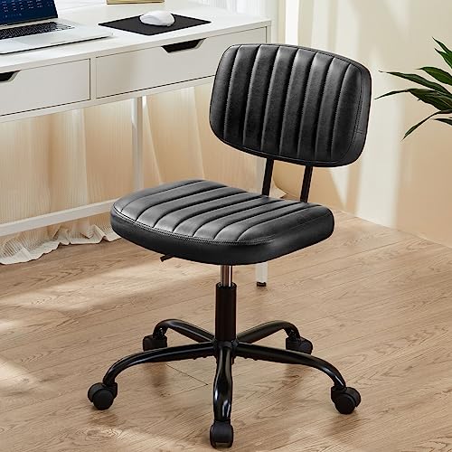 Sweetcrispy Small Office Desk Chair, Armless PU Leather with Comfy Lumbar Support, Height Adjustable Rolling Swivel Task for No Arms, for Adult, Student, Bedroom, Home, Vanity, Black - color: Dark Black