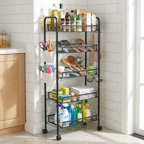 5 Tier Stackable Fruit Storage Basket, Metal Mesh Vegetable Organizer Cart with 360 Degree Wheels, Detachable Produce Bin, Rolling Pantry Rack, Carbon Steel Food Kitchen Storage Cart Black 5-Layers 5 - color: Black 5-layers, size: 5-Layers