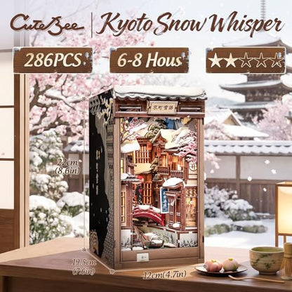 CUTEBEE Book Nook Kit - DIY Miniature House Dollhouse for Adults | Japanese Kyoto Winter Street Scene, Bookshelf Decor 3D Wooden Puzzle Model Kit, Diorama Bookish Gifts (Kyoto Snow Scene)