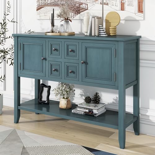 P PURLOVE Console Table Buffet Sideboard Sofa Table with Drawers Cabinets and Bottom Shelf (Dark Blue) - color: Dark Blue