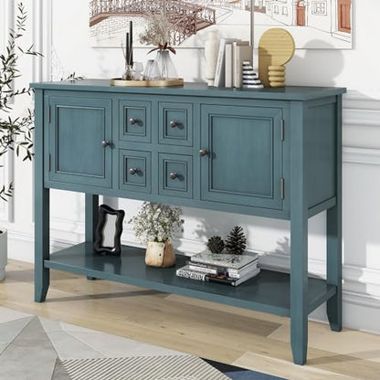 P PURLOVE Console Table Buffet Sideboard Sofa Table with Drawers Cabinets and Bottom Shelf (Dark Blue) - color: Dark Blue
