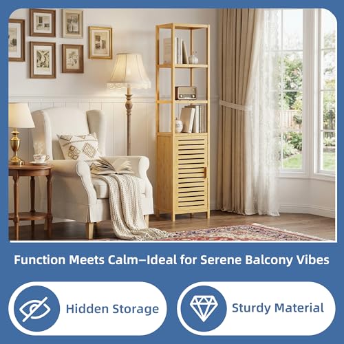 HITNET Bathroom Floor Cabinet, 6 Tier Tall Thin Linen Tower Storage Cabinet Free Standing Bamboo, Kitchen Side Organizer with 3 Shelves and Cupboard, Natural - color: Natural