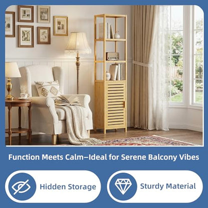 HITNET Bathroom Floor Cabinet, 6 Tier Tall Thin Linen Tower Storage Cabinet Free Standing Bamboo, Kitchen Side Organizer with 3 Shelves and Cupboard, Natural - color: Natural