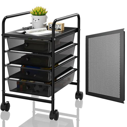 4-Tier Utility Cart with 4 Drawers, Rolling Utility Cart with 2 Lockable Caster Wheels, Multipurpose Mobile Rolling Drawer Cart for Office Bathroom Kitchen, Transparent Black - size: Black, 4-Tier