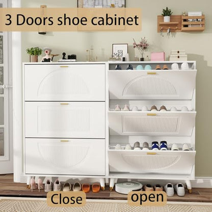 White Shoe Storage Cabinet: 32" Ultra Thin Small Shoe Cabinet for Entryway, Modern Slim and Narrow Hidden Shoes Rack Organizer with Doors and 3 Flip Drawer (1 Piece, 32") - size: 32"