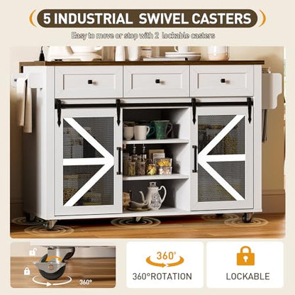 Kitchen Island with Storage, 55" Kitchen Cart with Charging Station, Rolling Kitchen Island Table with Drop-Leaf, 3 Drawers, Barn Doors, Towel Rack and Spice Rack, White and Walnut - color: White + Walnut