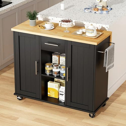JY QAQA 42" Kitchen Island with Storage on Wheels, Rolling Table with Drop Leaf, Drawers, Cart Handle for Towel Rack or Free Movement, Black - color: Black