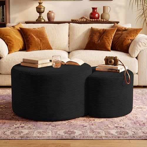 BSHOMGI Boneless Ottoman Nesting Coffee Table Set of 2,Corduroy Soft Foot Rest Movable Large Pouf Footstool for Living Room Sofa Couch Bedroom Entryway and Small Spaces No Assembly (Black) - color: Black, size: 32" + 17" (2 Tables)