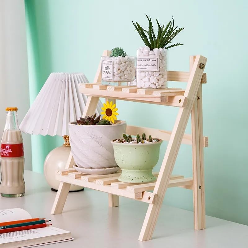 2 Tier Foldable Ladder Plant Stand Desktop Shelf Organizer Rack Wooden Display Risers For Selling L 13.3 x H 13.8 x D 7.1 in（DIY）