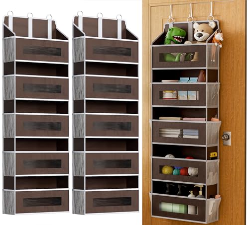 2 Pack 5 Tier Over The Door Organizer - Large Capacity Behind Door Hanging Shelves with 10 Mesh Pockets and Clear Windows, Closet Organizers and Storage for Bathroom, Bedroom, Nursery, Brown - color: Brown, size: 2 PACK