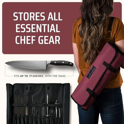 Asaya Waxed Nylon Chef Knife Roll Bag with 20 Slots and Zippered Pockets - Professional Chef Knife Bag & Storage Case, Tool Carrier with Shoulder Strap - Knives Not Included (Red) - color: Red
