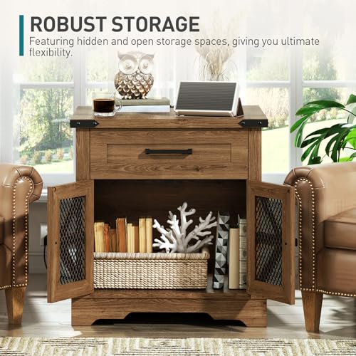 RALGEND Walnut Farmhouse End Table with Charging Station, 24" Large Sofa Side Table with Drawer, Large End Table for Living Room, Wooden Nightstand with Outlet, Square, Walnut - color: Walnut