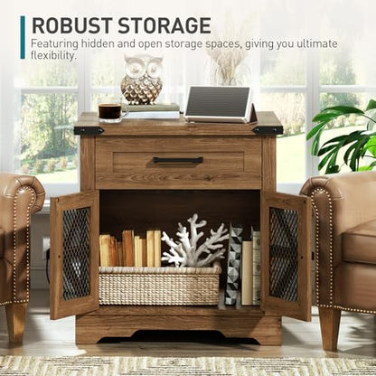RALGEND Walnut Farmhouse End Table with Charging Station, 24" Large Sofa Side Table with Drawer, Large End Table for Living Room, Wooden Nightstand with Outlet, Square, Walnut - color: Walnut