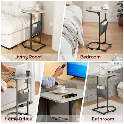 C Shaped End Table, Slide Under Small Side Table for Couch & Small Spaces | Wobble-Free C Table For Sofa, Greige, Storage Bag, Sturdy Metal Frame, Wood Top, Living Room & Bedroom, 15-Min Quick Assembly - color: Classic Greige