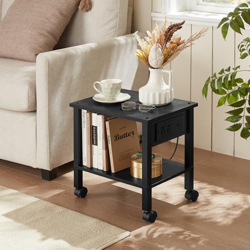 YUFAM 2 Tier Under Desk Printer Stand with Charging Station, Black | Wooden Small Printer Table for Home Office, Rolling Printer Cart Shelf with Lockable Wheels - color: Black, size: 11.8"D×15.7"W×15.3"H(With USB)