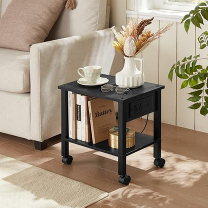 YUFAM 2 Tier Under Desk Printer Stand with Charging Station, Black | Wooden Small Printer Table for Home Office, Rolling Printer Cart Shelf with Lockable Wheels - color: Black, size: 11.8"D×15.7"W×15.3"H(With USB)