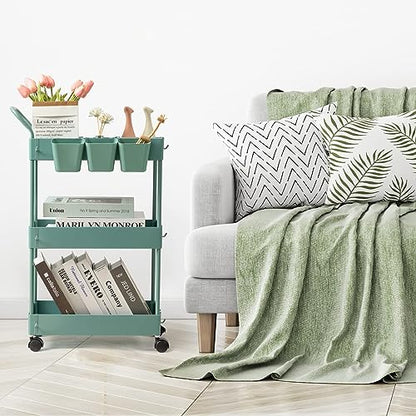 danpinera Storage Cart on Wheels, 3 Tier Bathroom Cart Organizer Slim Laundry Narrow Shelf with Wheels Dividers Hanging Cups Hooks Handle Easy Assembly, Green - style: 3 Tier Green