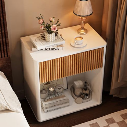 Modern Fluted Nightstand Set of 2 for Bedroom, Mid Century Bedside Table with Drawer & Open Shelf, Wood End Table, Farmhouse Night Stand for Home, Hallway, Office, White - color: White