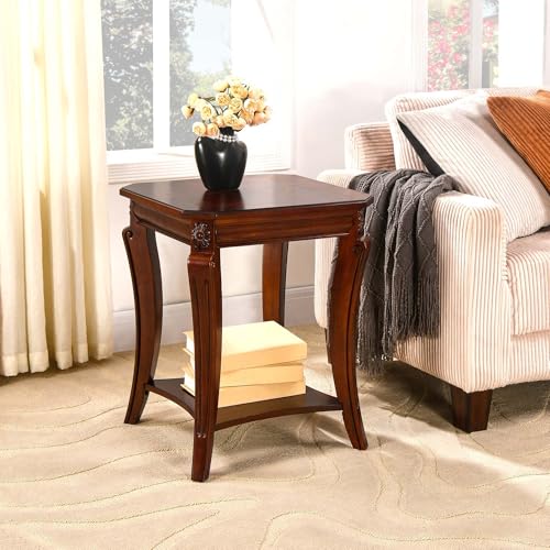 Solid Wood Side Table with Storage Shelf, 2-Tier Square End Tables Living Room, Traditional Style End Table, Vintage Beside Table with Curved Legs and Printed Tabletop, Cherry Walnut Accent Table WD - size: 23.8" Printed End Table