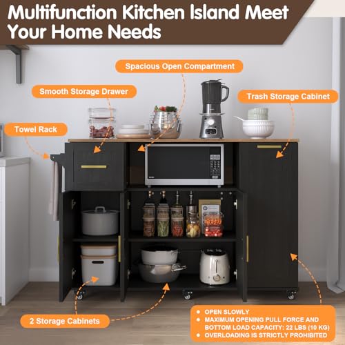 59" Rolling Kitchen Island Cart with Storage, Drop Leaf, Black | Mobile Prep Table with 2 Cabinets, Drawer & Trash Bin, All-in-one Counter Space Saver for Small Kitchens