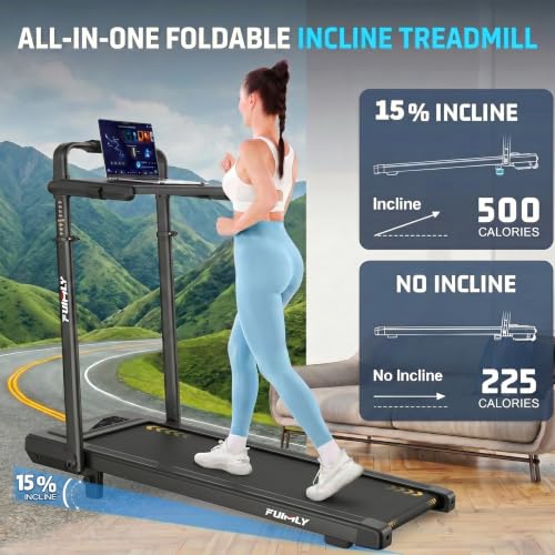 FUNMILY Upgrade Walking Pad Folding Treadmill with 12%/15% Incline & Handle Bar, 3.5HP Foldable Under Desk Compact Treadmills for Home/Office/Gym, 400+lb Capacity, Shock Absorption - color: Midnight Black