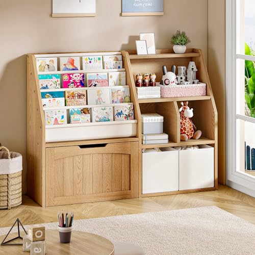 CHOEZON Kids Bookshelf, Children's Bookcase with 4 Sling Book Shelves, Toy Storage Cubby, Fabric Storage Baskets, Wooden Book Shelf for Kids' Room, Playroom, Nursery, Natural and White MCW17NL - color: Natural and White