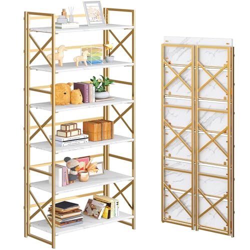 4NM 6 Tiers No Assembly Book Shelves, 61.8" H Folding Bookshelf Bookcase Open Industrial Foldable Shelves for Bedroom, Living Room, Home Office - White Gold - color: White Gold, size: XX 6-Tier