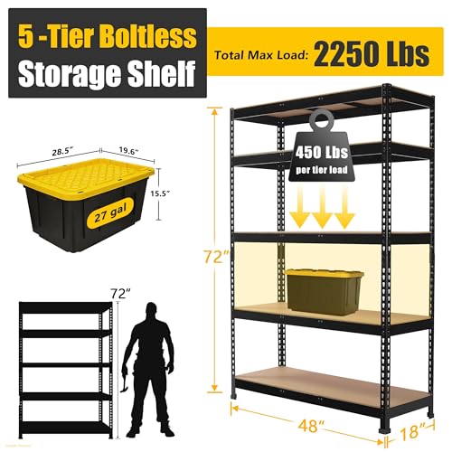 PrimeZone 48" W x 18" D x 72" H Garage Shelving Heavy Duty - Adjustable Metal Storage Shelves, 5 Tier Industrial Shelving Unit, Utility Shelf Rack for Basement, Warehouse, Pantry, Closet, Black - size: 48" W x 18" D x 72" H