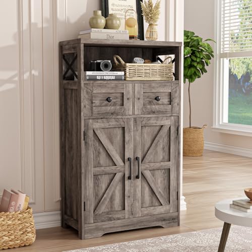 Farmhouse Storage Cabinet with Barn Doors and Open Shelf, Kitchen Pantry with Storage, Coffee Bar Station, Freestanding Cupboard Hutch Cabinet for Kitchen, Dinning Room, Livingroom, Grey - color: Grey