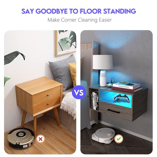 Homaterial Floating Nightstand with Charging Station and LED Lights, Floating Bedside Table with Drawers Wall Mounted Nightstands,for Bedroom Room, 21.3" x 11.8" x 10",Grayish Brown - color: Grayish Brown