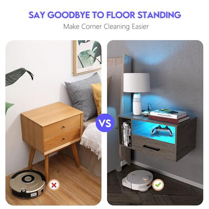 Homaterial Floating Nightstand with Charging Station and LED Lights, Floating Bedside Table with Drawers Wall Mounted Nightstands,for Bedroom Room, 21.3" x 11.8" x 10",Grayish Brown - color: Grayish Brown