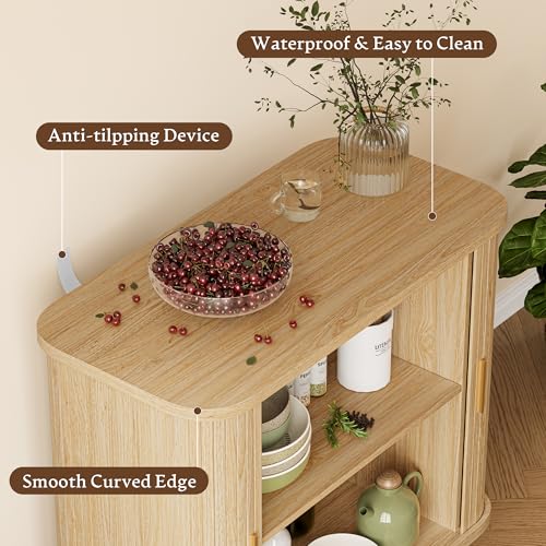 Xixini Sideboard Buffet Cabinet with Sliding Door, 31.5" Wide Fluted Modern Accent Cabinet with Adjustable Shelves, Wood Coffee Bar Buffet Console Table for Kitchen, Dining Room, Living Room, Oak - color: Oak