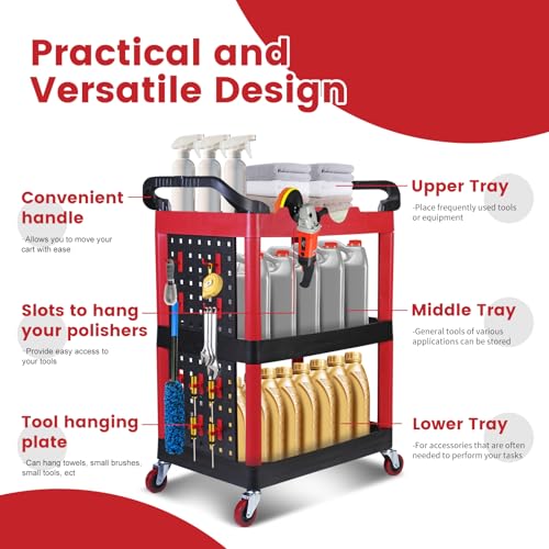 MaxWorks 50886 3 Shelf Rolling Utility Service Cart with Storage Carts and Bottle Holders with Side Hanging Hook 440-lb Capacity - style: 3 Shelves w/ bottle holder