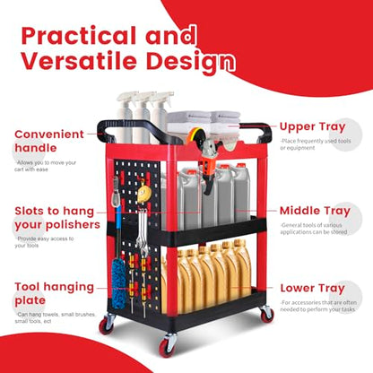 MaxWorks 50886 3 Shelf Rolling Utility Service Cart with Storage Carts and Bottle Holders with Side Hanging Hook 440-lb Capacity - style: 3 Shelves w/ bottle holder