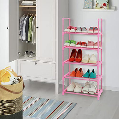 LNYZQUS 5-Tier Small Kids Shoe Rack Organizer, Pink Toddler Shoe Shelf Shoe Stand for Closet Narrow Space,Mini Shoe Storage Rack Short Shoe Tower for Women & Girls(Full Pink)