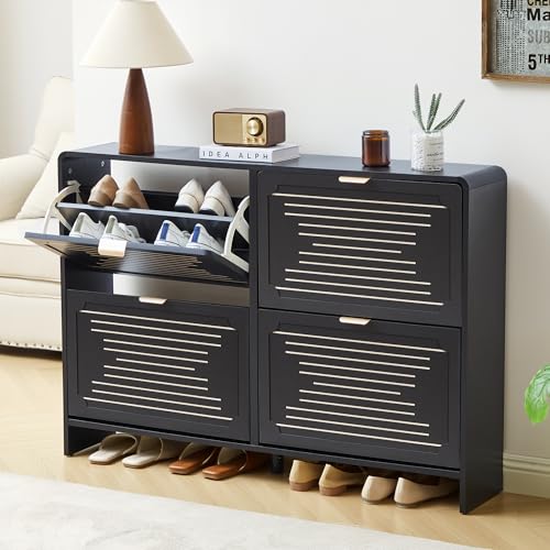 47.2'' Shoe Storage Cabinet for Entryway, Narrow Shoe Rack Organizer with 4 Flip Drawers, Freestanding Wood Hidden Shoe Cabinet with Adjustable Shelf for Hallway, Living Room (Black, 47.24'')