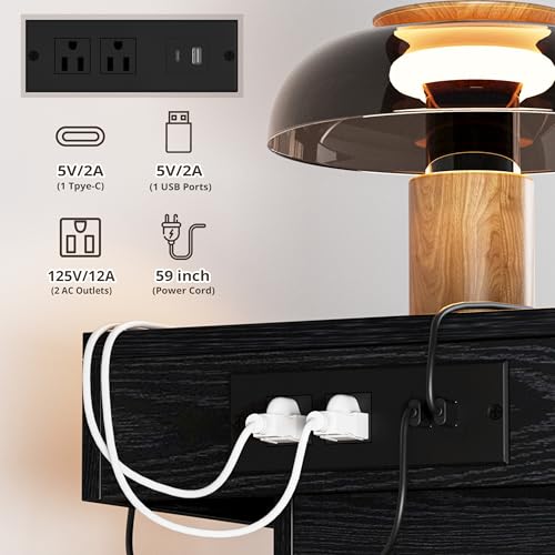 LIKIMIO Nightstand with Charging Station LED Light and 2 Drawers Black | bedside table; end table; charging station; LED light; 2 drawers; black wood grain; small spaces - color: Black
