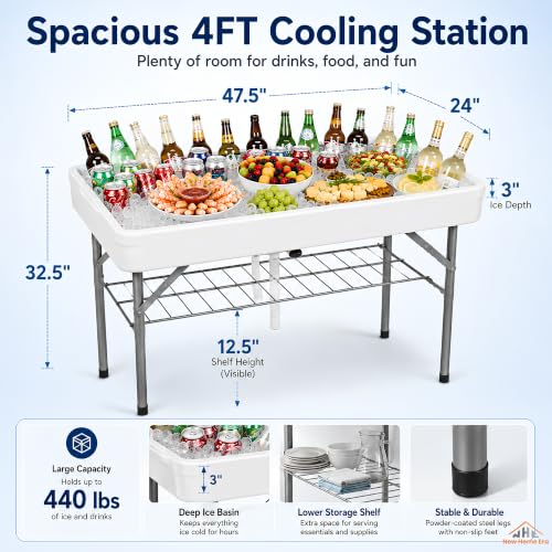 4 Feet Folding Ice Cooler Table with Drain Plug and Wire Shelf | Easy Drainage System, Foldable Legs, Deep Ice Bin, Polyethylene Tabletop, Tailgate & Camping Use