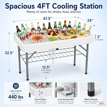 4 Feet Folding Ice Cooler Table with Drain Plug and Wire Shelf | Easy Drainage System, Foldable Legs, Deep Ice Bin, Polyethylene Tabletop, Tailgate & Camping Use