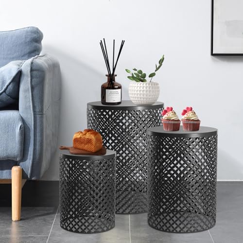 Outdoor Side Table, 3PCS Round Metal Frame Coffee End Tables, Modern Decorative Garden Stool, Multifunctional Nesting Side Table for Garden, Balcony, Cafe, Park, Pool Side (Black)
