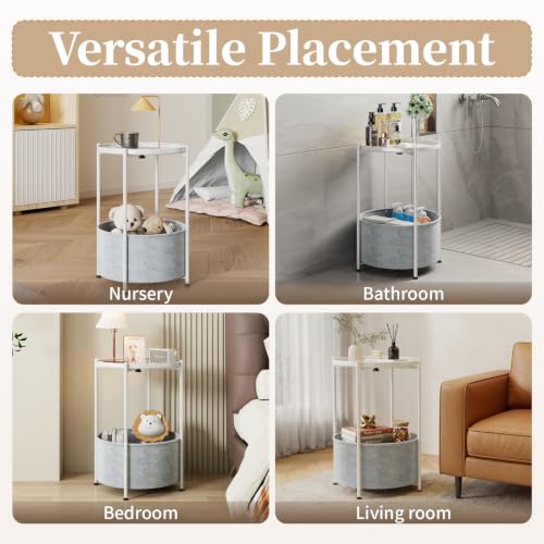 Small Round Side Table with Felt Storage Basket and Removable Tray | Accent Table, Metal End Table with Adjustable Feet, Side Table for Nursery, Bedroom, Living Room, Laundry Room, White - color: White