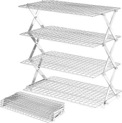 4-Tier Collapsible Cooling Rack for Baking | Adjustable Stackable Wire Rack for Cookies, Cakes & Roasting | Space-Saving Foldable Design for Small Kitchens & Camping (Silver) - color: Silver