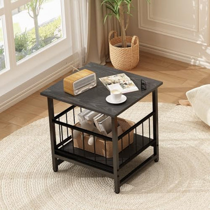 End Table, Industrial Side Table with 2-Tire Storage Shelf, 180LBS Mini Fridge Stand with Adjustable Feet, 18"x18" Wood Night Stand Small Bedside Table with Sturdy Metal Frame for Living Room Bedroom - color: Black 1pc 18inch