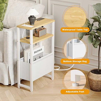 Narrow Side Table with Charging Station Slim End Table Sofa with Magazine Rack, Bedside Table for Small Spaces, 3 Tier Nightstand for Living Room Couch, Bedroom Natural LET503YE - color: Natural, style: With Charging Station