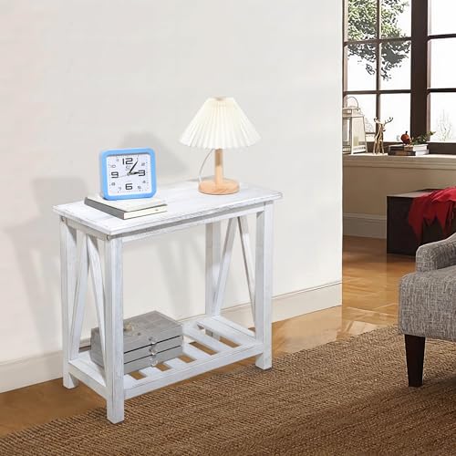 Farmhouse Narrow End Table Wooden Rustic White Side Tables with Storage Shelves Narrow Sofa Table for Small Spaces Living Room Bedroom Bathroom Dorm - color: Rustic White