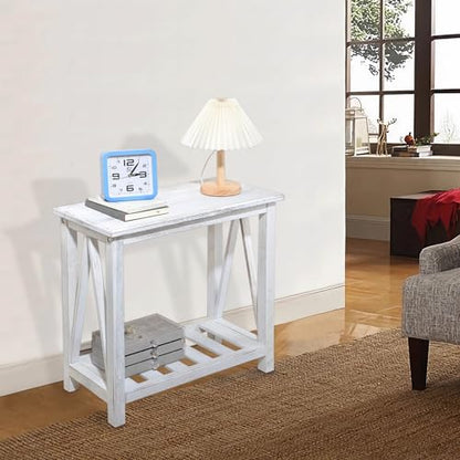 Farmhouse Narrow End Table Wooden Rustic White Side Tables with Storage Shelves Narrow Sofa Table for Small Spaces Living Room Bedroom Bathroom Dorm - color: Rustic White