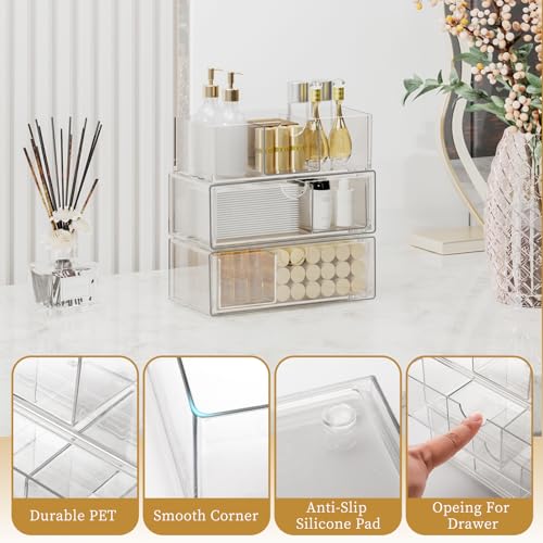 Medicine Cabinet Organizer with Removable Dividers, 3-Tier Stackable Drawer Storage for Bathroom, RV, Vanity, Countertop & Desk - size: 3 Tier Clear