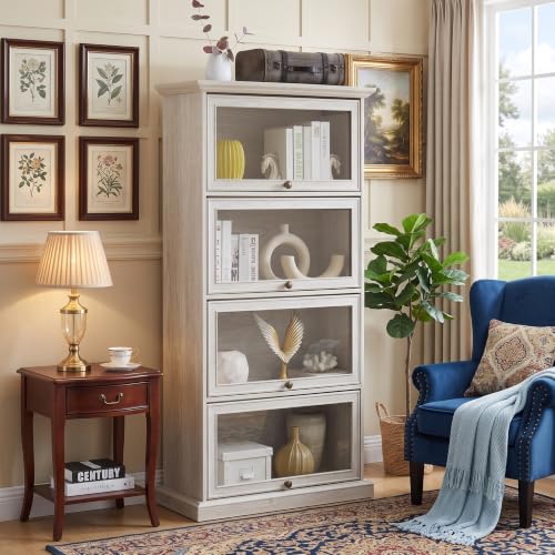 Tall Bookcase with Glass Doors, 63" H Farmhouse Glass Curio Display Cabinet with Flip up Doors, Elegant Storage Cabinet with 4-Tier Shelves, Rack for Living Room (White) - color: White & 32 X 63